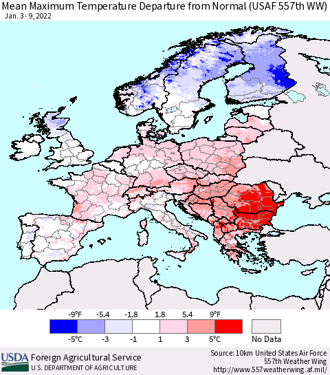 Europe Mean Maximum Temperature Departure from Normal (USAF 557th WW) Thematic Map For 1/3/2022 - 1/9/2022