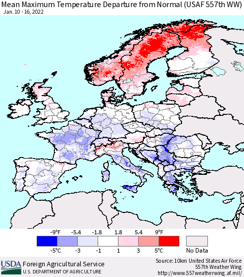 Europe Mean Maximum Temperature Departure from Normal (USAF 557th WW) Thematic Map For 1/10/2022 - 1/16/2022