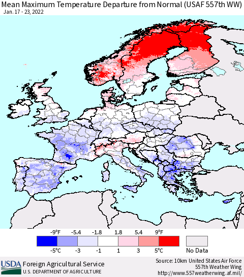 Europe Mean Maximum Temperature Departure from Normal (USAF 557th WW) Thematic Map For 1/17/2022 - 1/23/2022