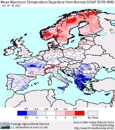 Europe Mean Maximum Temperature Departure from Normal (USAF 557th WW) Thematic Map For 1/24/2022 - 1/30/2022