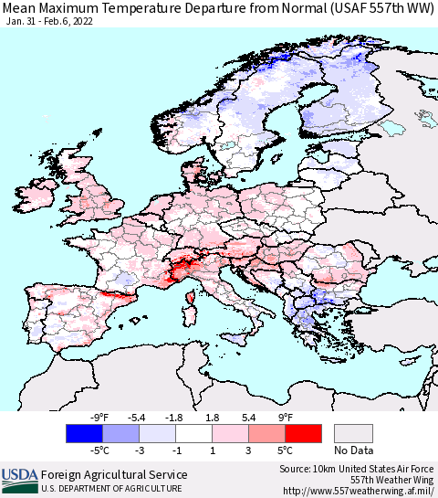 Europe Mean Maximum Temperature Departure from Normal (USAF 557th WW) Thematic Map For 1/31/2022 - 2/6/2022