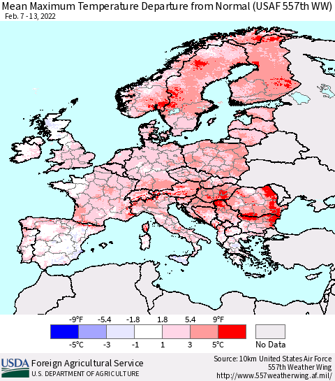 Europe Mean Maximum Temperature Departure from Normal (USAF 557th WW) Thematic Map For 2/7/2022 - 2/13/2022