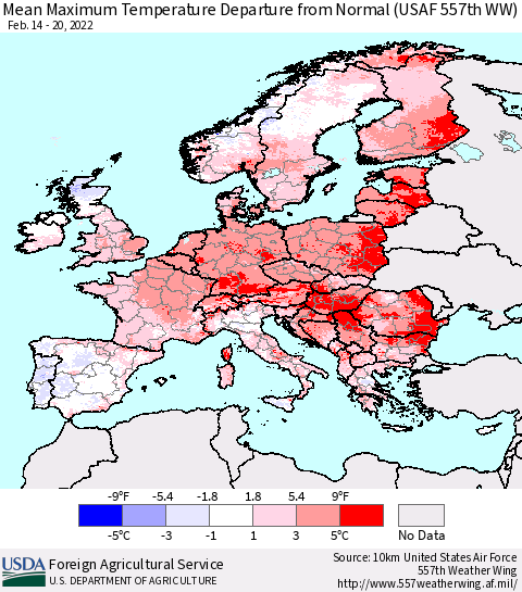 Europe Mean Maximum Temperature Departure from Normal (USAF 557th WW) Thematic Map For 2/14/2022 - 2/20/2022