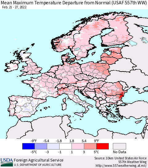 Europe Mean Maximum Temperature Departure from Normal (USAF 557th WW) Thematic Map For 2/21/2022 - 2/27/2022