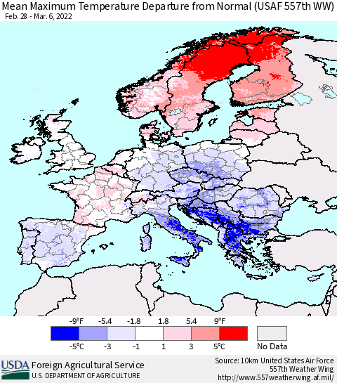 Europe Mean Maximum Temperature Departure from Normal (USAF 557th WW) Thematic Map For 2/28/2022 - 3/6/2022