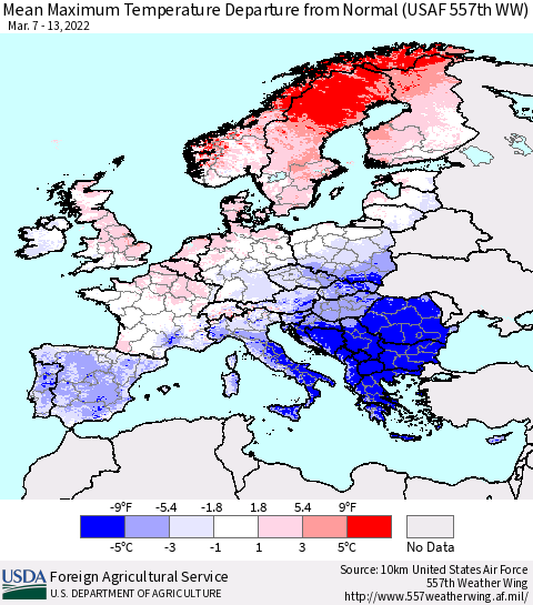 Europe Mean Maximum Temperature Departure from Normal (USAF 557th WW) Thematic Map For 3/7/2022 - 3/13/2022