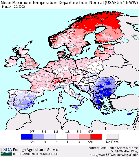 Europe Mean Maximum Temperature Departure from Normal (USAF 557th WW) Thematic Map For 3/14/2022 - 3/20/2022