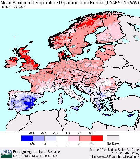 Europe Mean Maximum Temperature Departure from Normal (USAF 557th WW) Thematic Map For 3/21/2022 - 3/27/2022