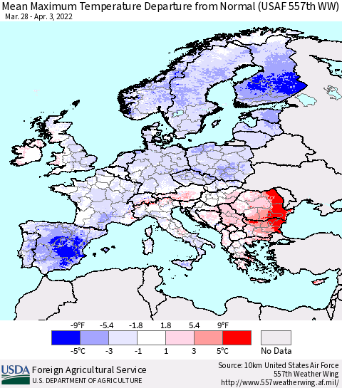 Europe Mean Maximum Temperature Departure from Normal (USAF 557th WW) Thematic Map For 3/28/2022 - 4/3/2022