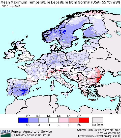 Europe Mean Maximum Temperature Departure from Normal (USAF 557th WW) Thematic Map For 4/4/2022 - 4/10/2022