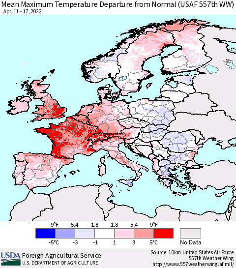 Europe Mean Maximum Temperature Departure from Normal (USAF 557th WW) Thematic Map For 4/11/2022 - 4/17/2022