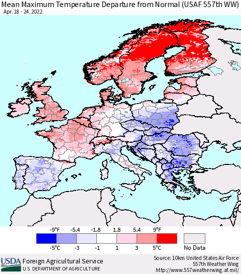 Europe Mean Maximum Temperature Departure from Normal (USAF 557th WW) Thematic Map For 4/18/2022 - 4/24/2022