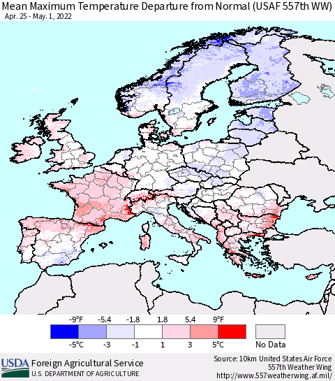Europe Mean Maximum Temperature Departure from Normal (USAF 557th WW) Thematic Map For 4/25/2022 - 5/1/2022