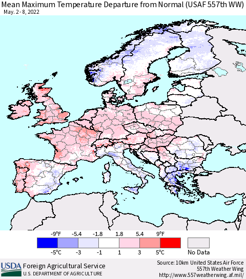 Europe Mean Maximum Temperature Departure from Normal (USAF 557th WW) Thematic Map For 5/2/2022 - 5/8/2022
