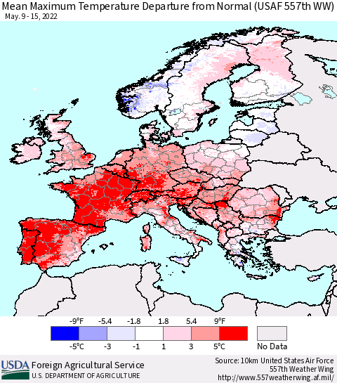 Europe Mean Maximum Temperature Departure from Normal (USAF 557th WW) Thematic Map For 5/9/2022 - 5/15/2022