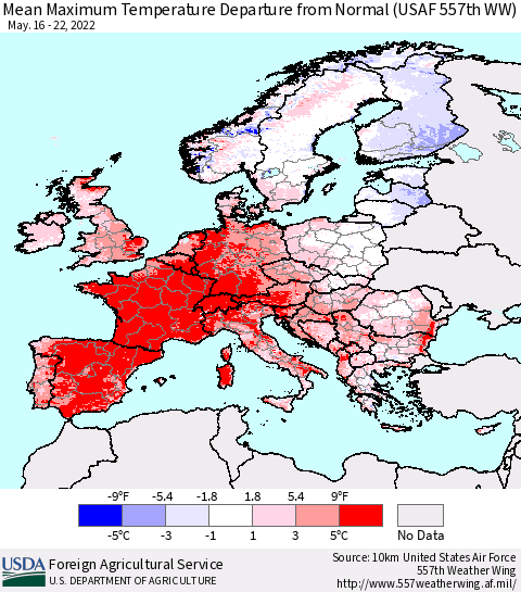 Europe Mean Maximum Temperature Departure from Normal (USAF 557th WW) Thematic Map For 5/16/2022 - 5/22/2022