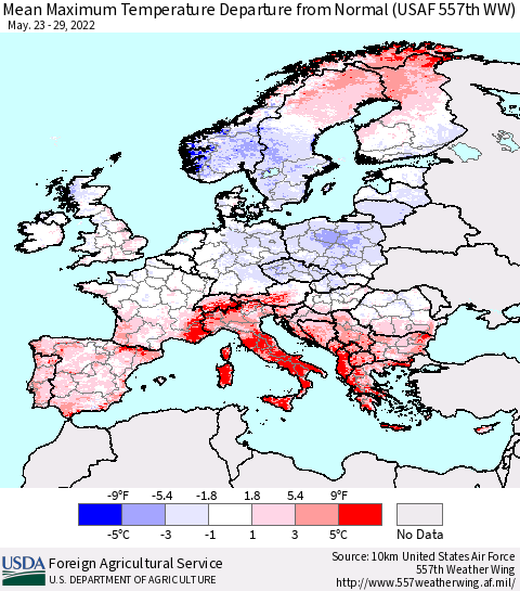 Europe Mean Maximum Temperature Departure from Normal (USAF 557th WW) Thematic Map For 5/23/2022 - 5/29/2022