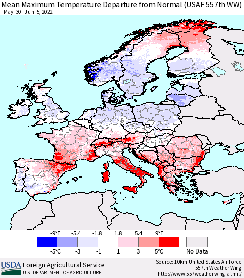 Europe Mean Maximum Temperature Departure from Normal (USAF 557th WW) Thematic Map For 5/30/2022 - 6/5/2022
