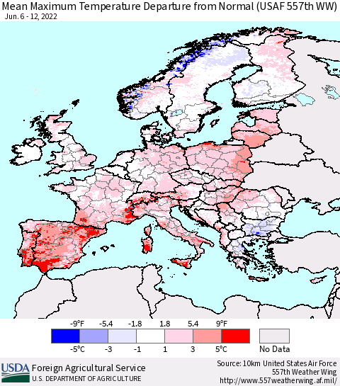 Europe Mean Maximum Temperature Departure from Normal (USAF 557th WW) Thematic Map For 6/6/2022 - 6/12/2022