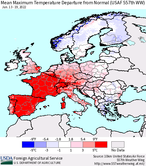 Europe Mean Maximum Temperature Departure from Normal (USAF 557th WW) Thematic Map For 6/13/2022 - 6/19/2022