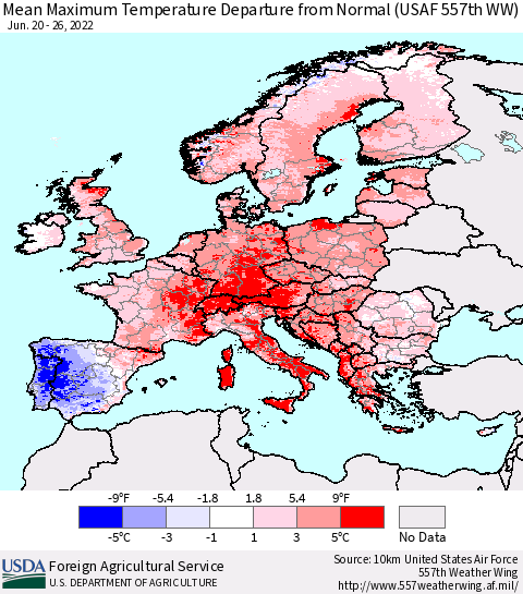 Europe Mean Maximum Temperature Departure from Normal (USAF 557th WW) Thematic Map For 6/20/2022 - 6/26/2022