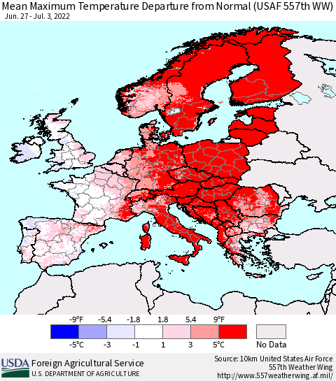 Europe Mean Maximum Temperature Departure from Normal (USAF 557th WW) Thematic Map For 6/27/2022 - 7/3/2022