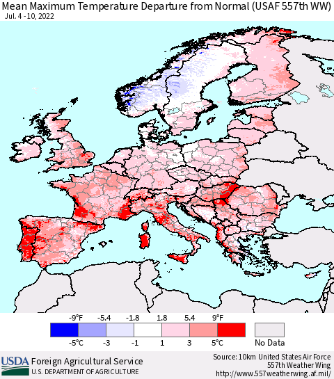 Europe Mean Maximum Temperature Departure from Normal (USAF 557th WW) Thematic Map For 7/4/2022 - 7/10/2022
