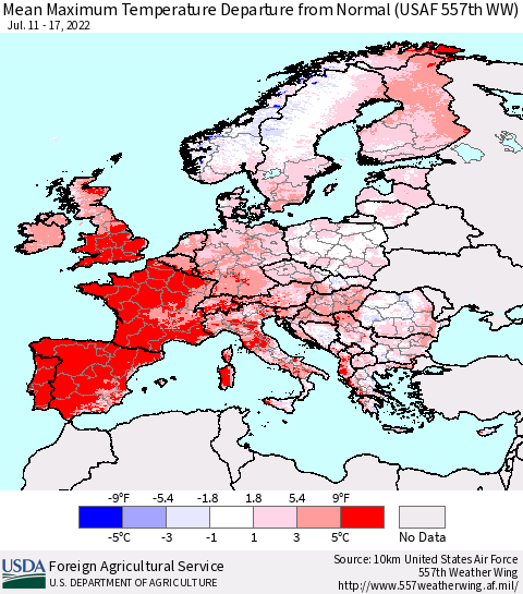Europe Mean Maximum Temperature Departure from Normal (USAF 557th WW) Thematic Map For 7/11/2022 - 7/17/2022