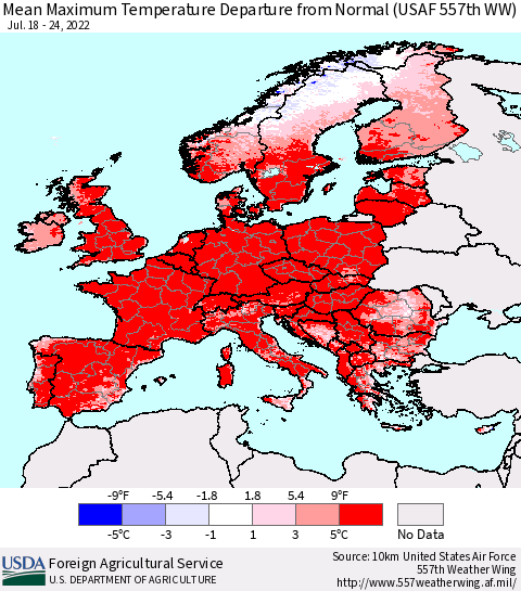 Europe Mean Maximum Temperature Departure from Normal (USAF 557th WW) Thematic Map For 7/18/2022 - 7/24/2022