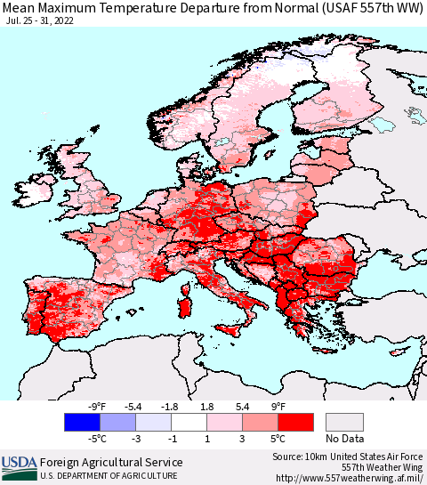 Europe Mean Maximum Temperature Departure from Normal (USAF 557th WW) Thematic Map For 7/25/2022 - 7/31/2022