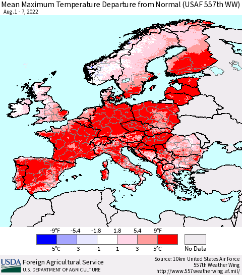 Europe Mean Maximum Temperature Departure from Normal (USAF 557th WW) Thematic Map For 8/1/2022 - 8/7/2022