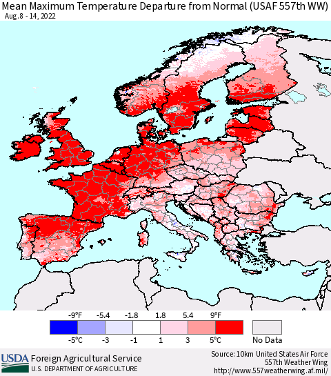 Europe Mean Maximum Temperature Departure from Normal (USAF 557th WW) Thematic Map For 8/8/2022 - 8/14/2022