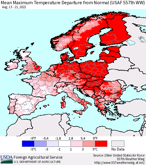 Europe Mean Maximum Temperature Departure from Normal (USAF 557th WW) Thematic Map For 8/15/2022 - 8/21/2022