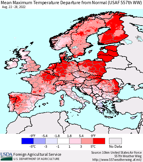 Europe Mean Maximum Temperature Departure from Normal (USAF 557th WW) Thematic Map For 8/22/2022 - 8/28/2022