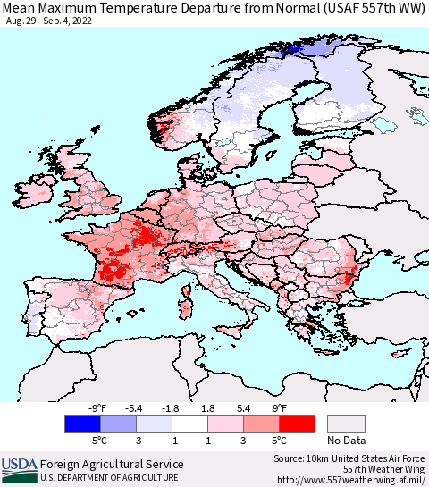 Europe Mean Maximum Temperature Departure from Normal (USAF 557th WW) Thematic Map For 8/29/2022 - 9/4/2022