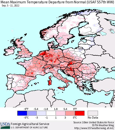 Europe Mean Maximum Temperature Departure from Normal (USAF 557th WW) Thematic Map For 9/5/2022 - 9/11/2022