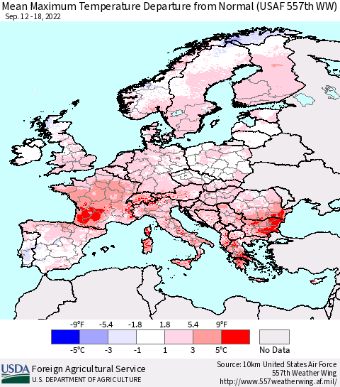 Europe Mean Maximum Temperature Departure from Normal (USAF 557th WW) Thematic Map For 9/12/2022 - 9/18/2022