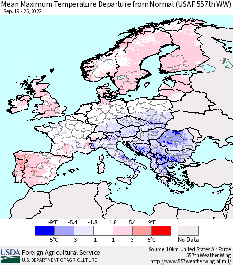 Europe Mean Maximum Temperature Departure from Normal (USAF 557th WW) Thematic Map For 9/19/2022 - 9/25/2022