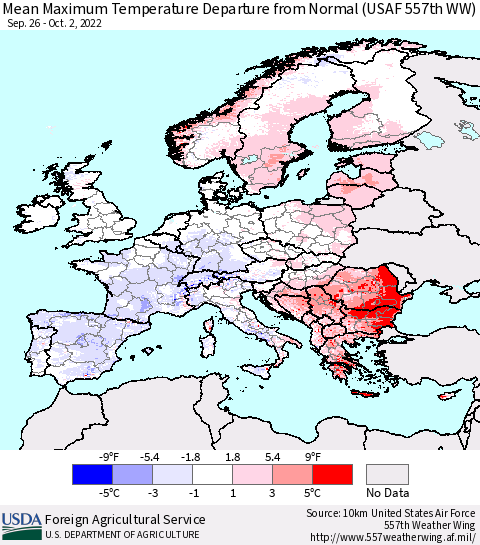 Europe Mean Maximum Temperature Departure from Normal (USAF 557th WW) Thematic Map For 9/26/2022 - 10/2/2022