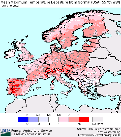 Europe Mean Maximum Temperature Departure from Normal (USAF 557th WW) Thematic Map For 10/3/2022 - 10/9/2022