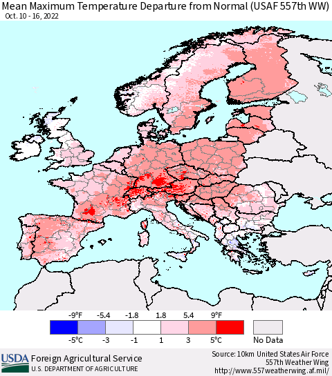 Europe Mean Maximum Temperature Departure from Normal (USAF 557th WW) Thematic Map For 10/10/2022 - 10/16/2022