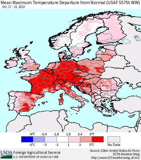 Europe Mean Maximum Temperature Departure from Normal (USAF 557th WW) Thematic Map For 10/17/2022 - 10/23/2022