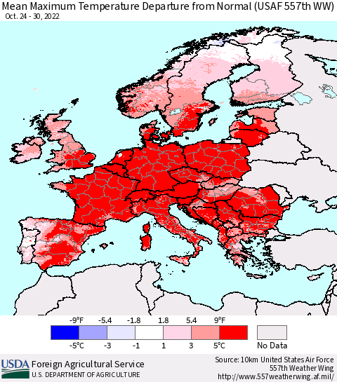 Europe Mean Maximum Temperature Departure from Normal (USAF 557th WW) Thematic Map For 10/24/2022 - 10/30/2022