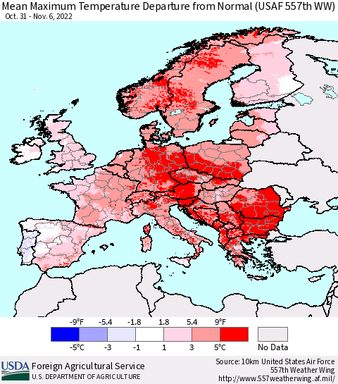 Europe Mean Maximum Temperature Departure from Normal (USAF 557th WW) Thematic Map For 10/31/2022 - 11/6/2022