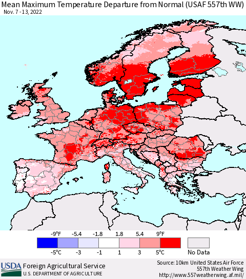 Europe Mean Maximum Temperature Departure from Normal (USAF 557th WW) Thematic Map For 11/7/2022 - 11/13/2022