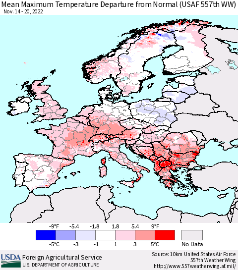 Europe Mean Maximum Temperature Departure from Normal (USAF 557th WW) Thematic Map For 11/14/2022 - 11/20/2022