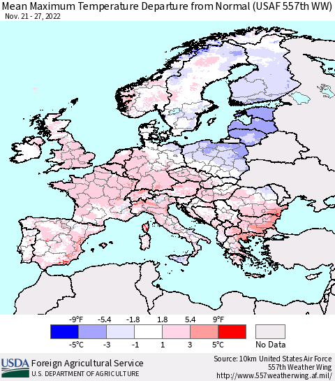 Europe Mean Maximum Temperature Departure from Normal (USAF 557th WW) Thematic Map For 11/21/2022 - 11/27/2022