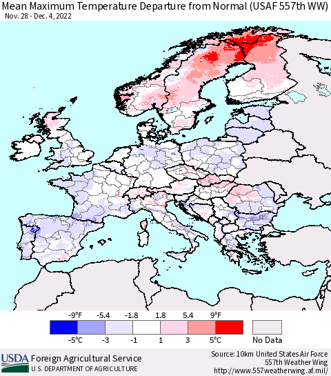 Europe Mean Maximum Temperature Departure from Normal (USAF 557th WW) Thematic Map For 11/28/2022 - 12/4/2022