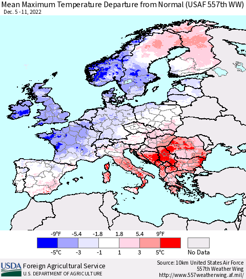Europe Mean Maximum Temperature Departure from Normal (USAF 557th WW) Thematic Map For 12/5/2022 - 12/11/2022