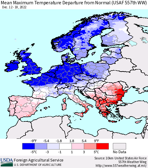 Europe Mean Maximum Temperature Departure from Normal (USAF 557th WW) Thematic Map For 12/12/2022 - 12/18/2022